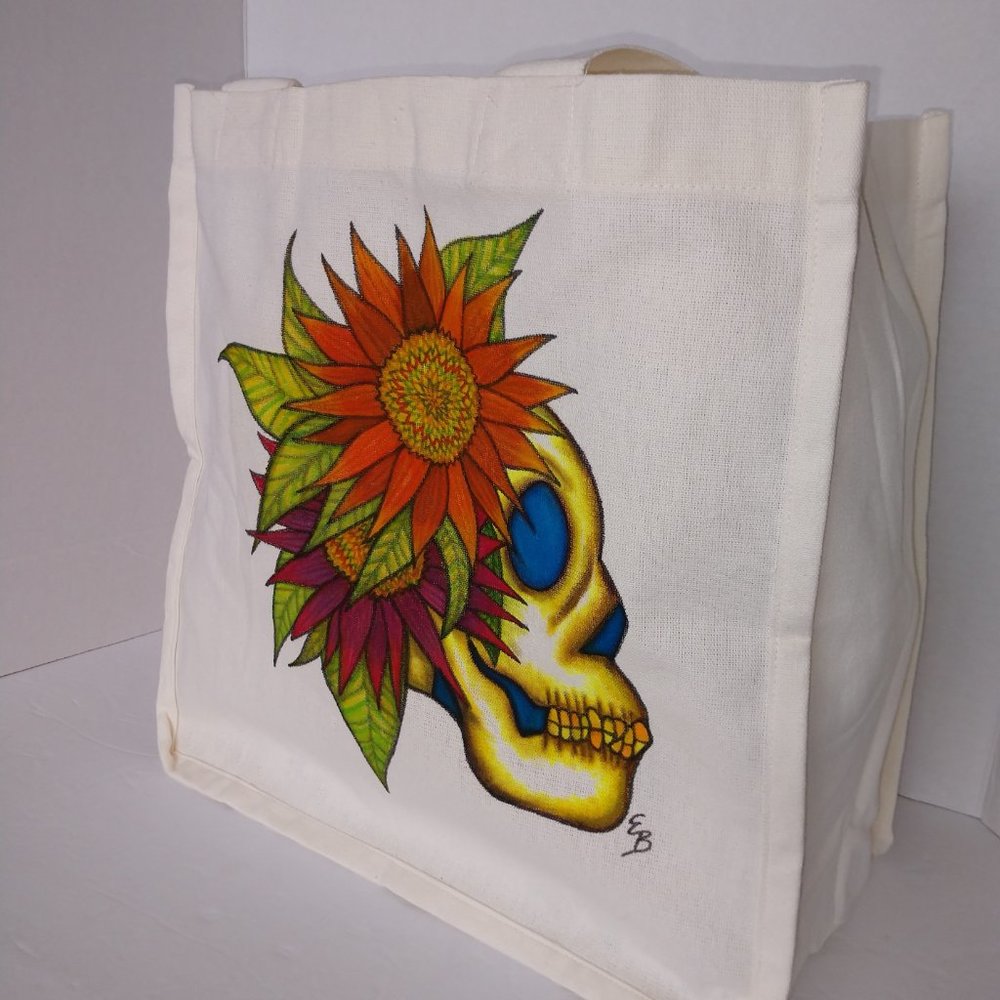 Hand-Painted Skull Tote Bag: Sunflowers Art Canvas Reusable Bag 14x13x7 - Picture 12 of 16
